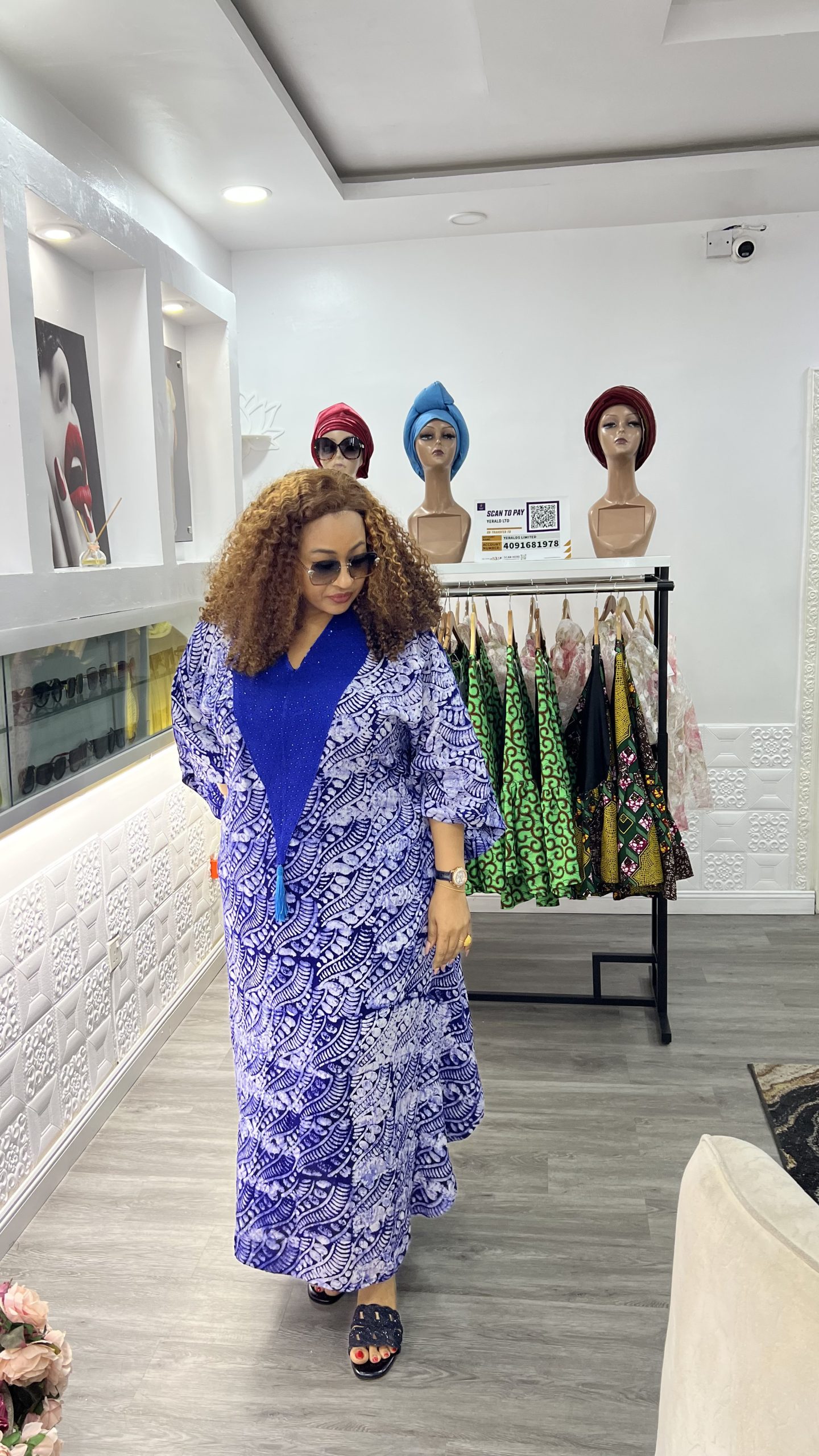 bukola crepe adire midi boubou ( light blue and white) bukola crepe adire midi boubou ( light blue and white)